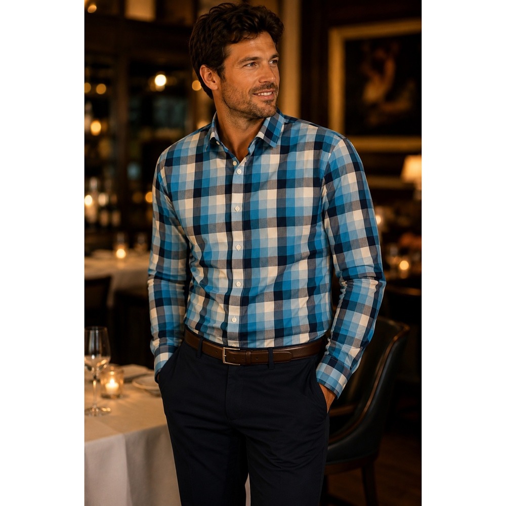 Express Modern Fit XL Blue Plaid Button Up Shirt Mens 17-17.5 100% Cotton